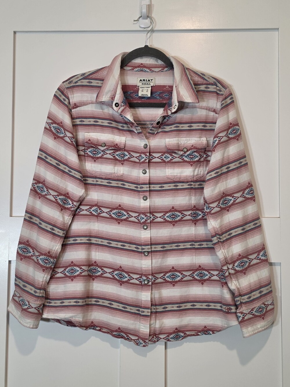 Ariat REAL Kaycee Jacquard Shirt Pearl Snap Down Aztec Southwestern Pink Blue XL